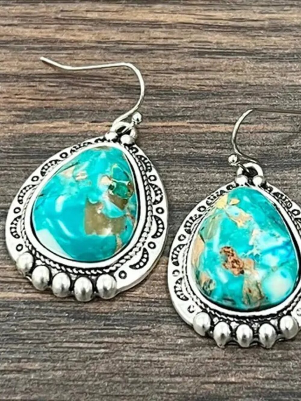 Western Turquoise Teardrop Earrings Silver Boho Cowgirl Rodeo Jewelry